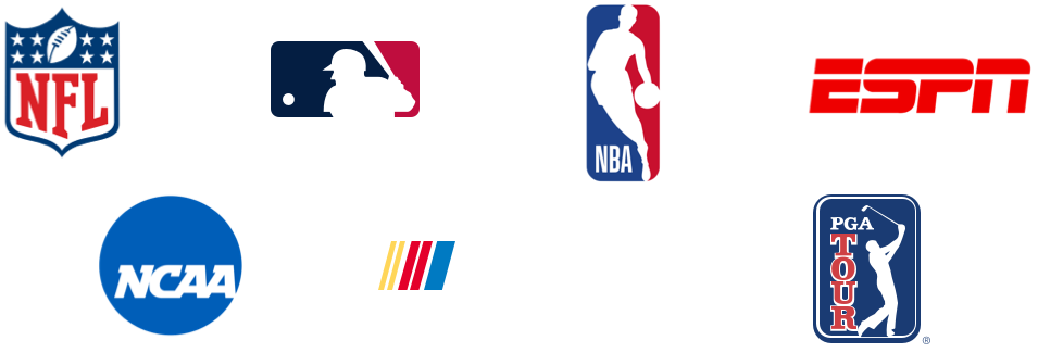 Logos of NFL, MLB, NBA, ESPN, NCAA NASCAR and PGA
